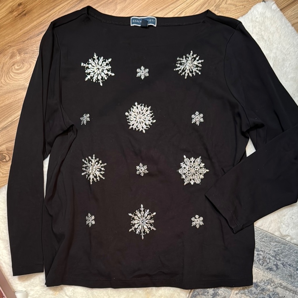 Black Snowflake Embellished Top Karen Scott XXL